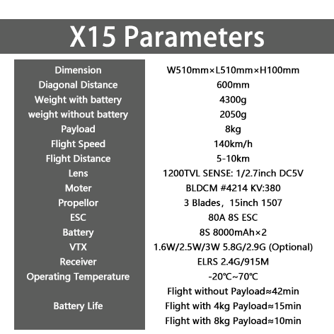 X15 non-foldable FPV drone ,8S 8000mah battery